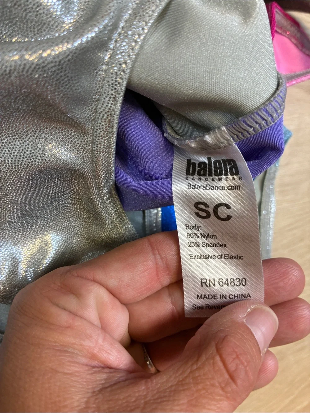 balera Silver Metallic Dancewear pink blue Purple Accents Sleeveless Leotard